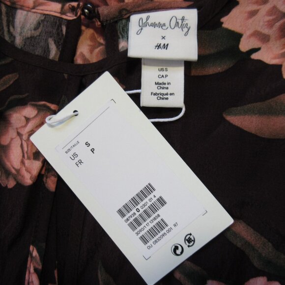 NWT Johanna Ortiz x H&M Creped Ruffled Midi in Dark Brown Wild Roses Dress S - Picture 3 of 3